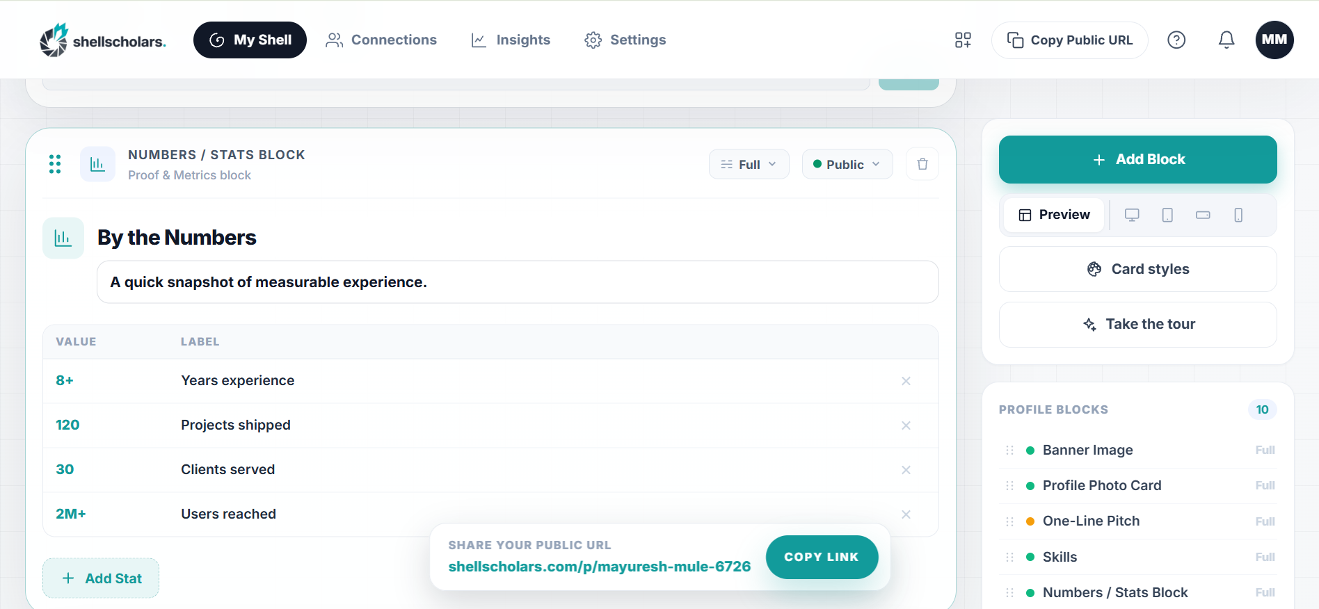 The ShellScholars block editor with a visibility menu open